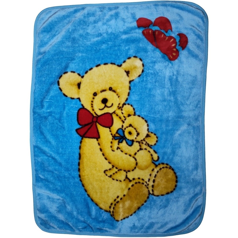 Plush‎ Blue Teddy Bear Butterfly Throw Blanket Acrylic Unbranded 40x54 Soft Bow